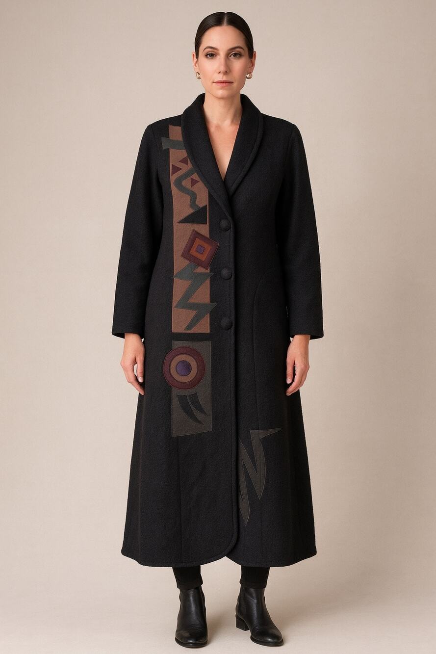 Vintage 80s Beppa Wool Folk Art Applique Trench Coat